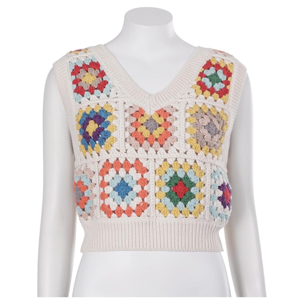 Forever 21 Sweater S Granny Square Crochet Knit V-Neck Sleeveless Cotton Retro